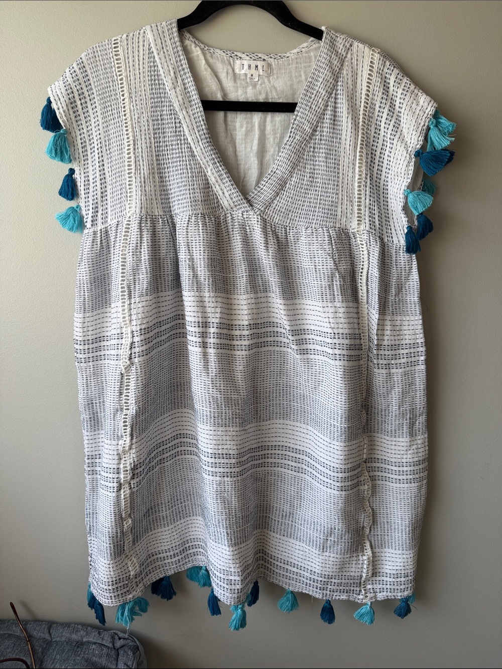 THML White Striped cotton gauze V-Neck dress tunic Blue Teal Tassels M crochet